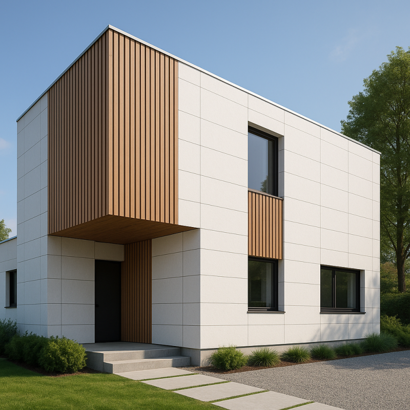 modern facade with wood and white panels